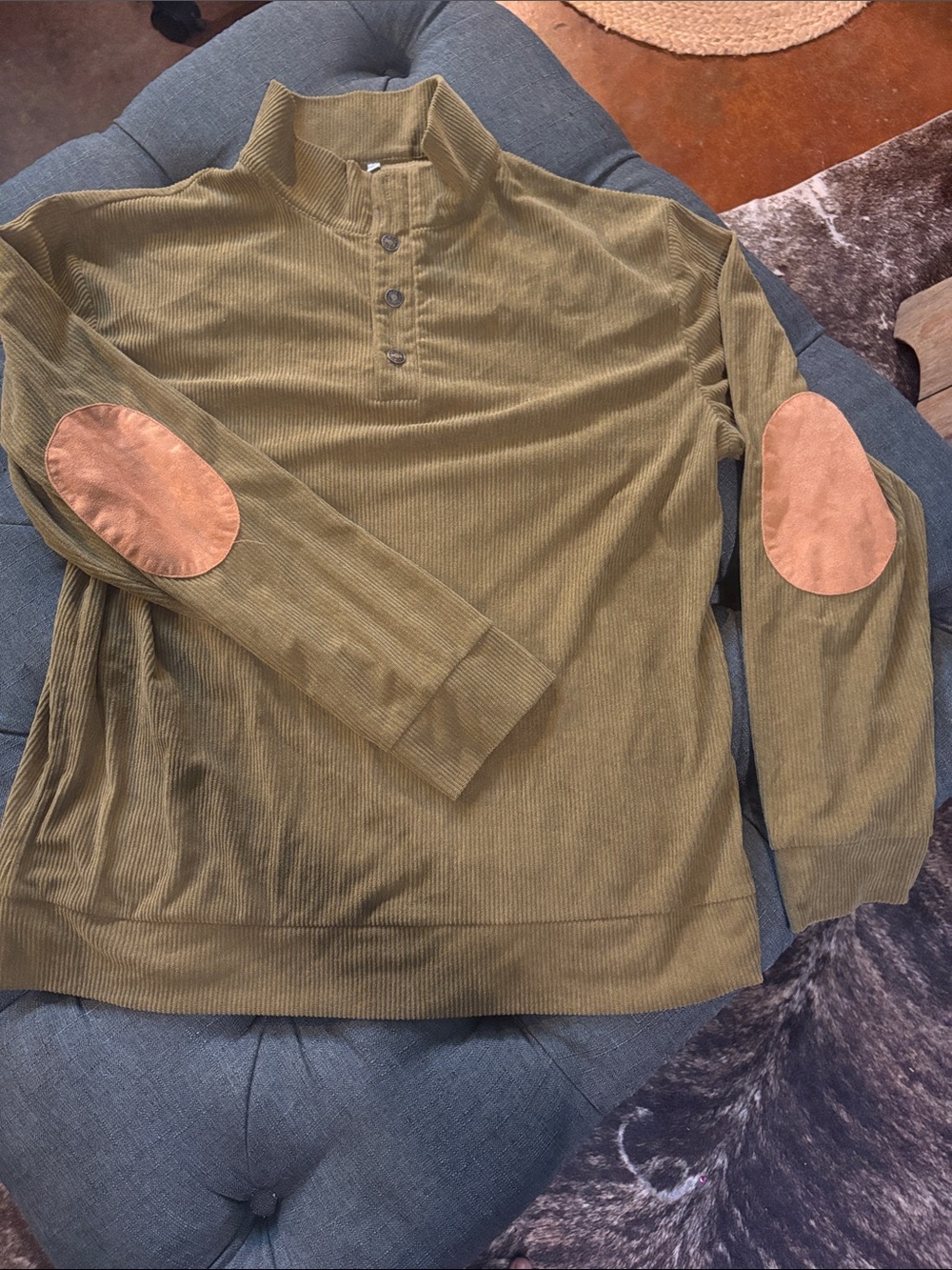Men's khaki Crewneck corduroy/ribbed Sweater/sweatshirt  with Elbow Patches